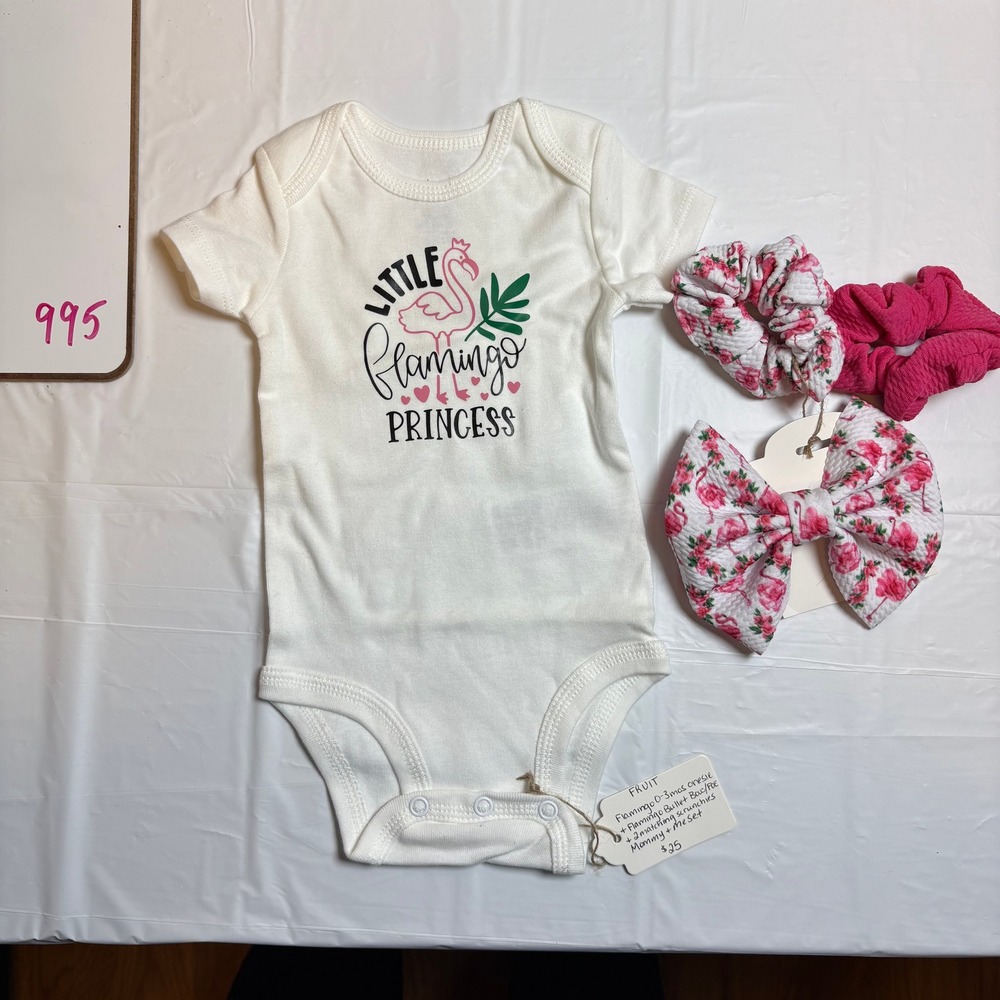 Handmade Carter's Baby Girl Little Flamingo Princess Bodysuit Bow‎ Set 0-3M